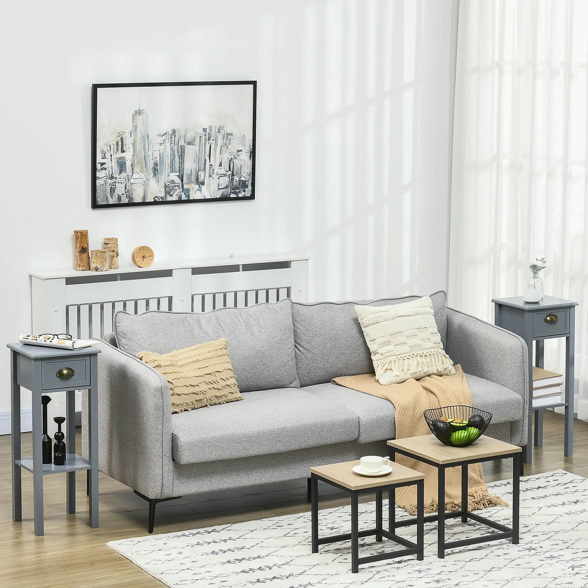 Narrow Side Table Set of 2, 2 Tier with Drawer, Shelf, Grey Side Tables at Gallery Canada