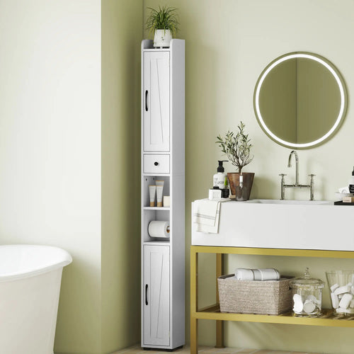 Narrow Bathroom Cabinet, Tall Storage with Barn Doors, Drawer, Adjustable Shelves, Wood Grain, White