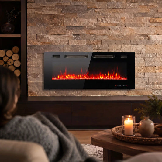 50" Electric Fireplace, Ultra-Thin Recessed, Wall Mounted, Black Electric Fireplaces Black at Gallery Canada