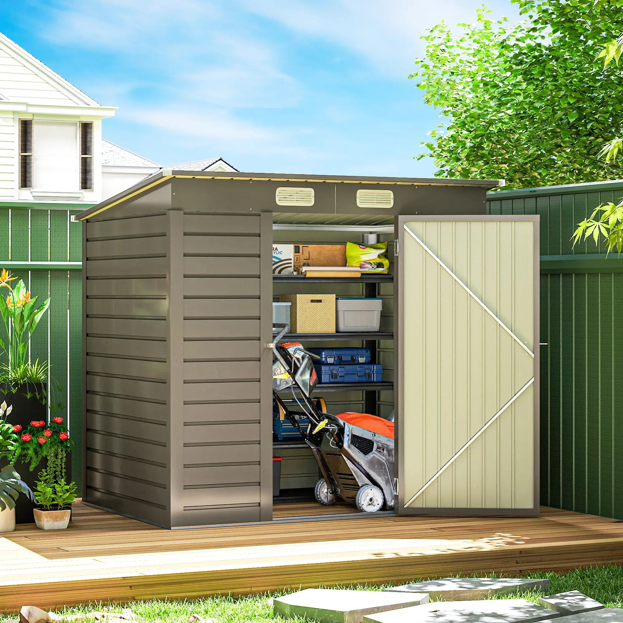6 x 4FT Galvanized Metal Garden Shed, Double Doors, 2 Vents, Light Grey Sheds at Gallery Canada
