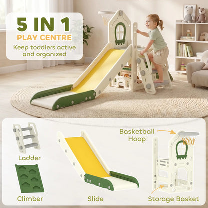 Foldable 4 in 1 Toddler Slide with Climber, Basketball Hoop, Storage Space and Basketball for Ages 1-3 Years, Cream Gym Sets & Swings at Gallery Canada