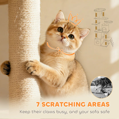 67" Large Cat Tree with 7 Scratching Posts, Tunnel, 2 Condos, Hammock, Perch, Ramp, Pompoms, Beige Multi-Level Cat Towers at Gallery Canada