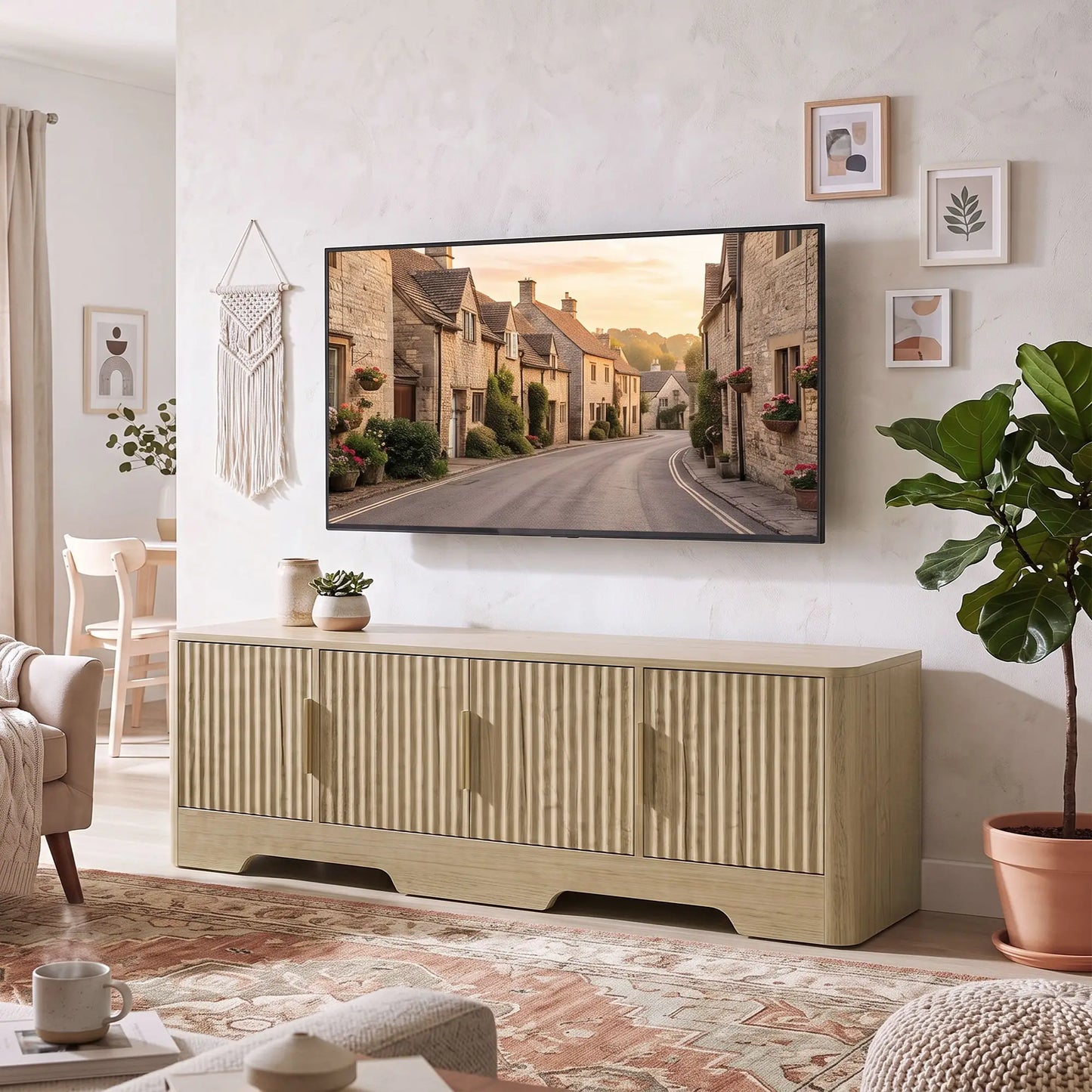 TV Stand for TVs up to 60", Modern Entertainment Center with Fluted Doors for Living Room, Oak