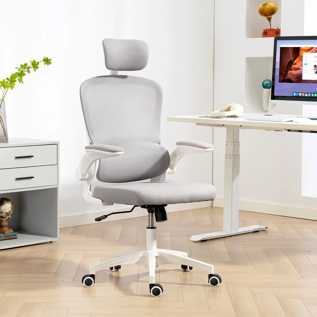 Ergonomic Mesh Office Chair, High Back, Rotatable Headrest, Flip-Up Armrests, Lumbar Support, Grey Task Chairs at Gallery Canada
