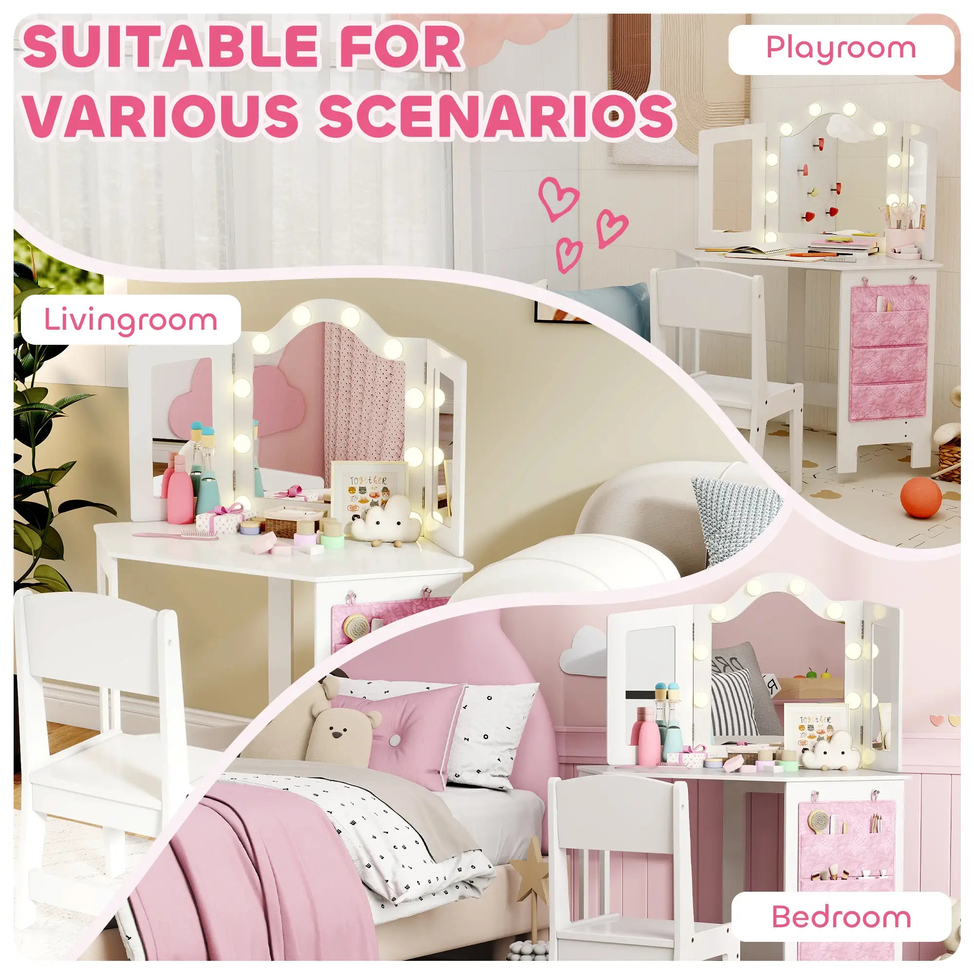 Kids Vanity Table and Chair Set with Lights, Tri-Fold Mirror, White Kids Bedroom Furniture at Gallery Canada