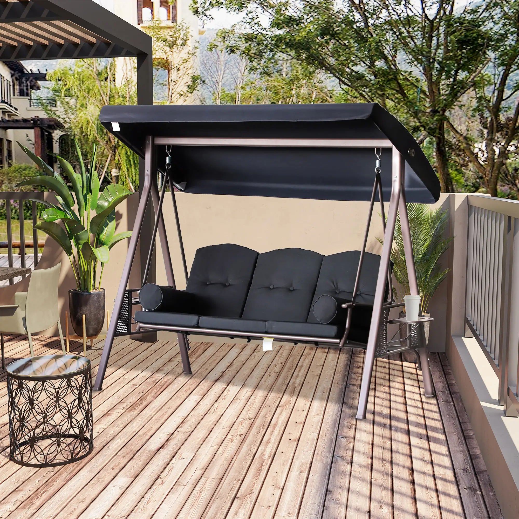 Outdoor Patio 3-Person Steel Canopy Swing Bench, Black Patio Swings with Stand at Gallery Canada
