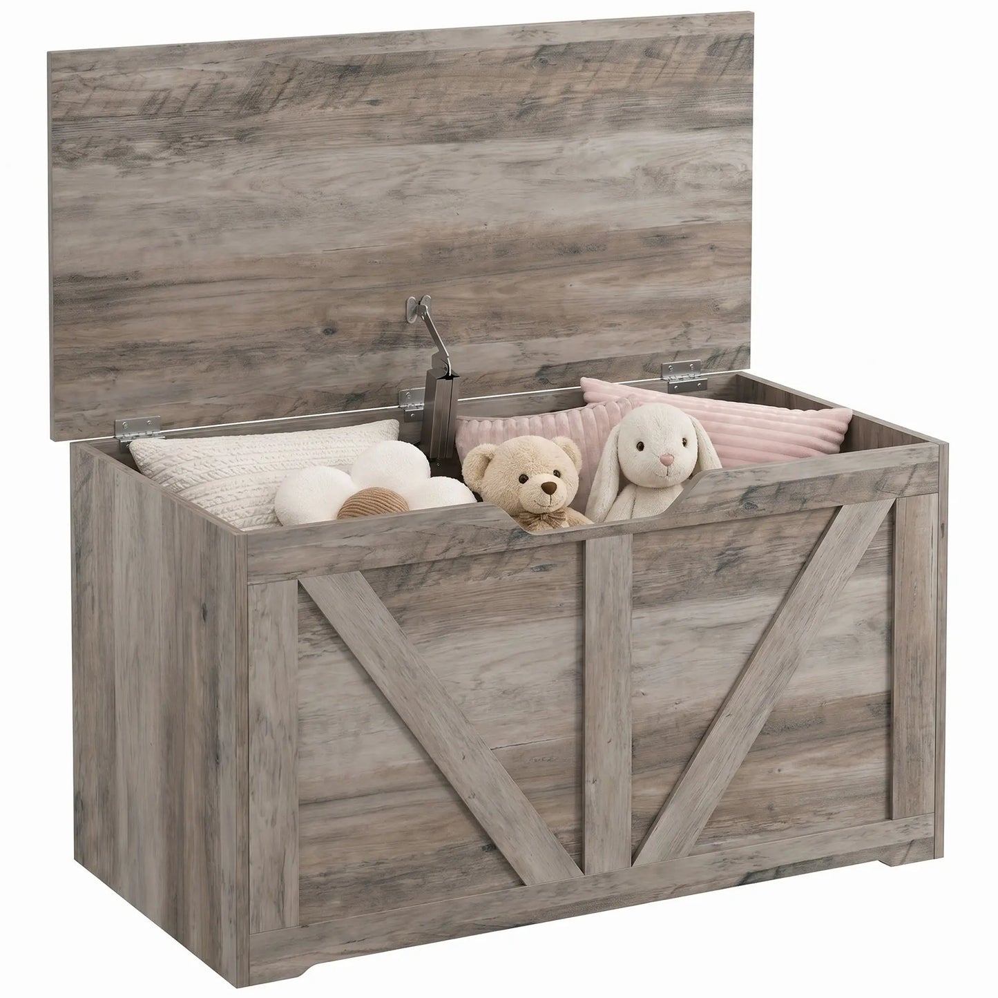 31.5" Storage Chest with Safety Hinge, Grey Wood Grain, Grey Storage Cabinets at Gallery Canada