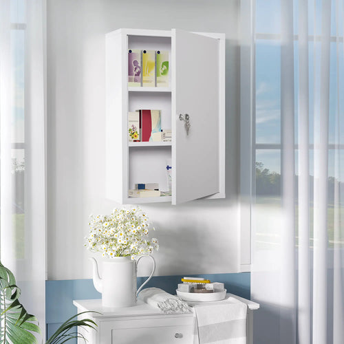 Wall Mount Medicine Cabinet, 3 Tier Steel, Lockable with 2 Keys, White
