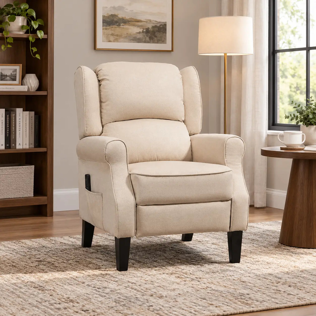 Massage Recliner Chair, Suede Wingback with Footrest, Wood Legs, Remote, Beige Single Sofas at Gallery Canada
