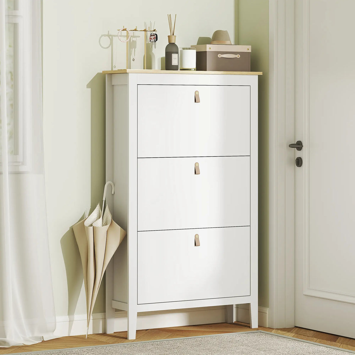 Narrow 3-Flip Drawer Shoe Cabinet, Adjustable Shelves, White Shoe Storage Cabinets & Racks at Gallery Canada