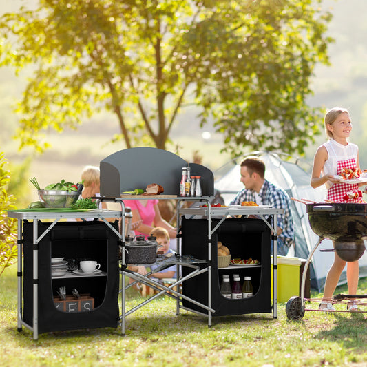 Aluminum Camping Table, Folding Kitchen with Windshield, Bag, Aluminum Picnic Tables & Camping Chairs Silver and Black at Gallery Canada