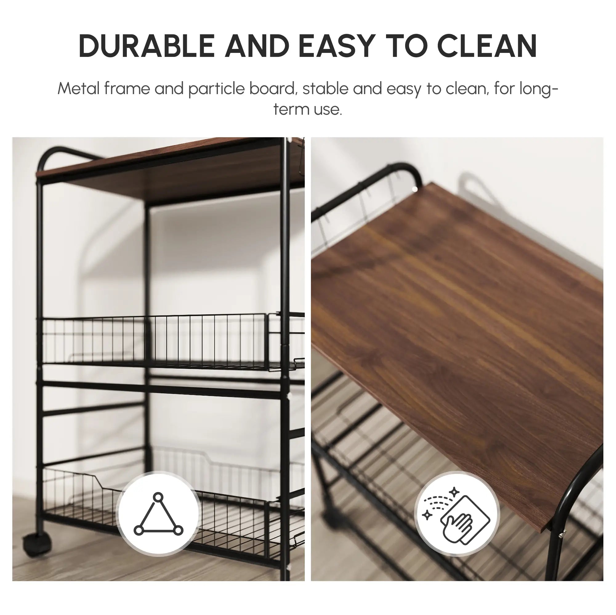 3-Tier Rolling Kitchen Cart, 2 Basket Drawers, Lockable Casters Kitchen Islands & Kitchen Carts at Gallery Canada