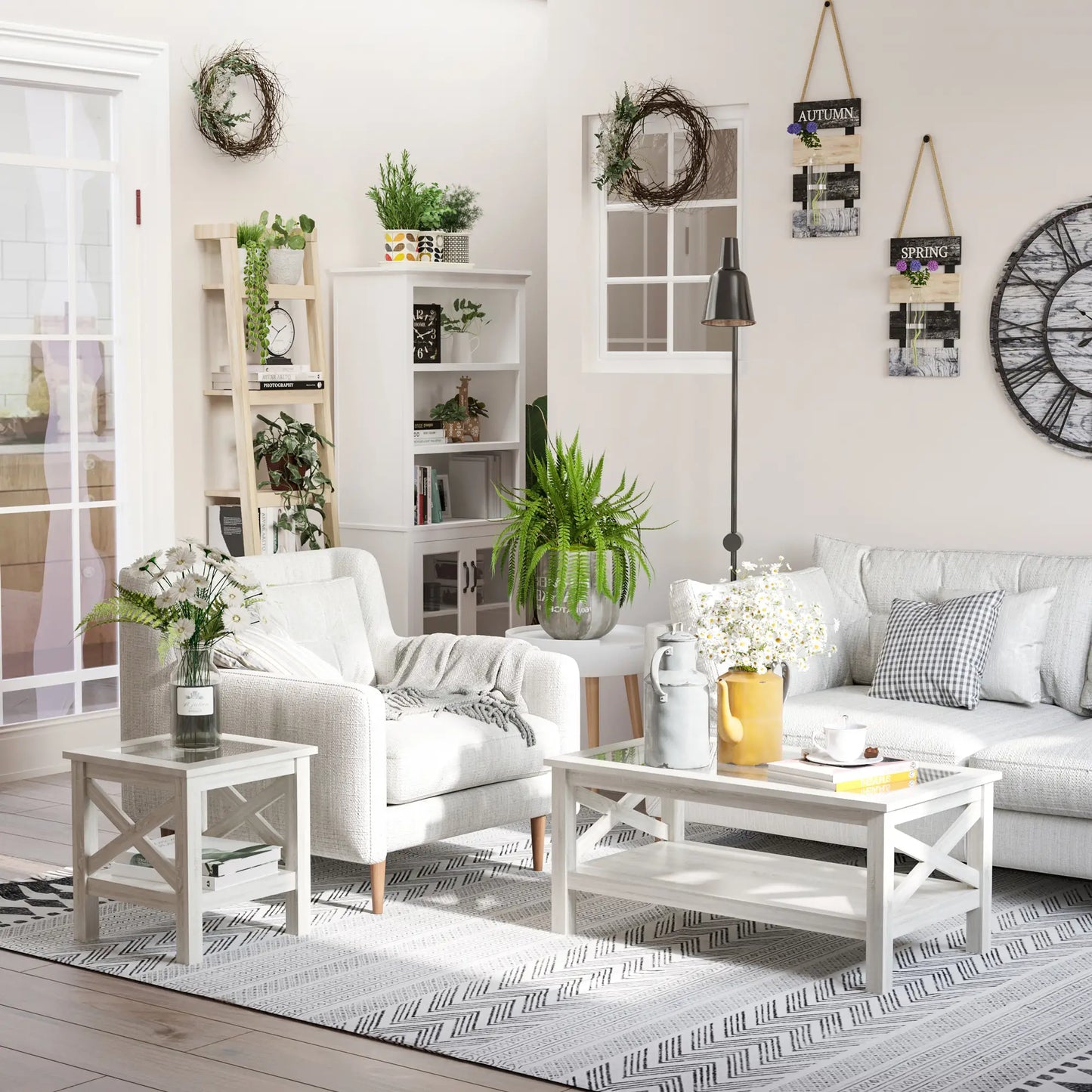Farmhouse Coffee Table, Tempered Glass Top, 2-Tier with Storage Shelf Coffee Tables at Gallery Canada
