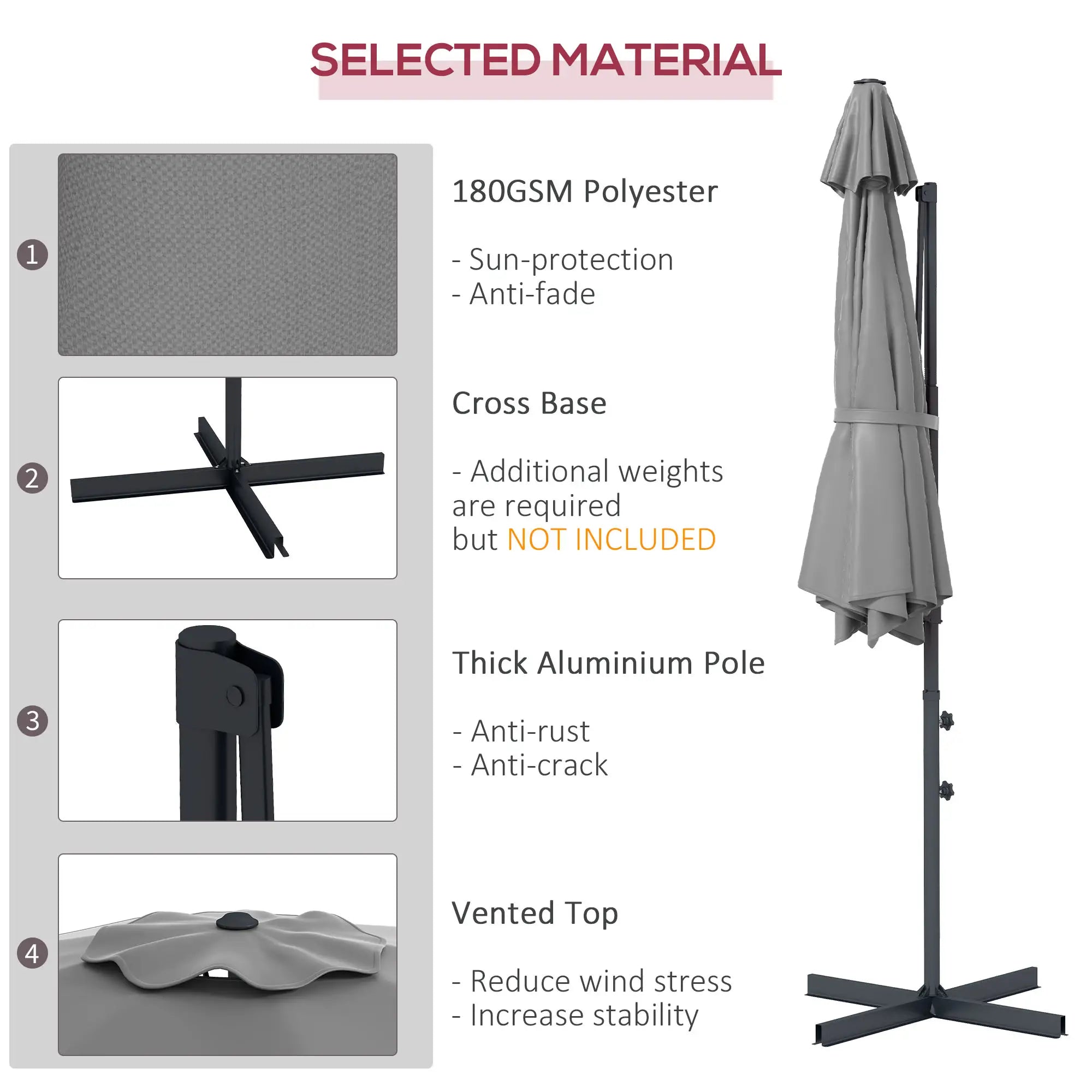 10 FT Cantilever Umbrella, Aluminum, 360° Rotation, Crank, Tilt, Grey Cantilever Umbrellas at Gallery Canada