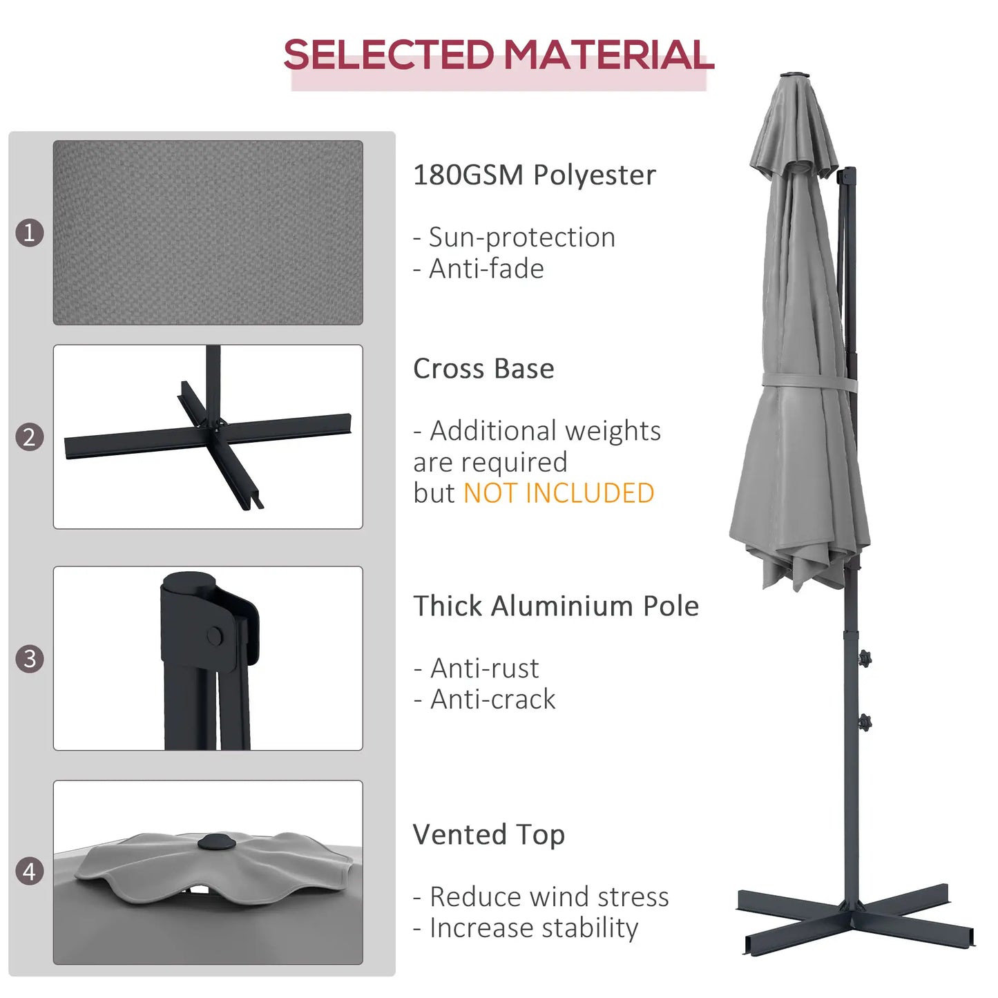 10 FT Cantilever Umbrella, Aluminum, 360° Rotation, Crank, Tilt, Grey Cantilever Umbrellas at Gallery Canada