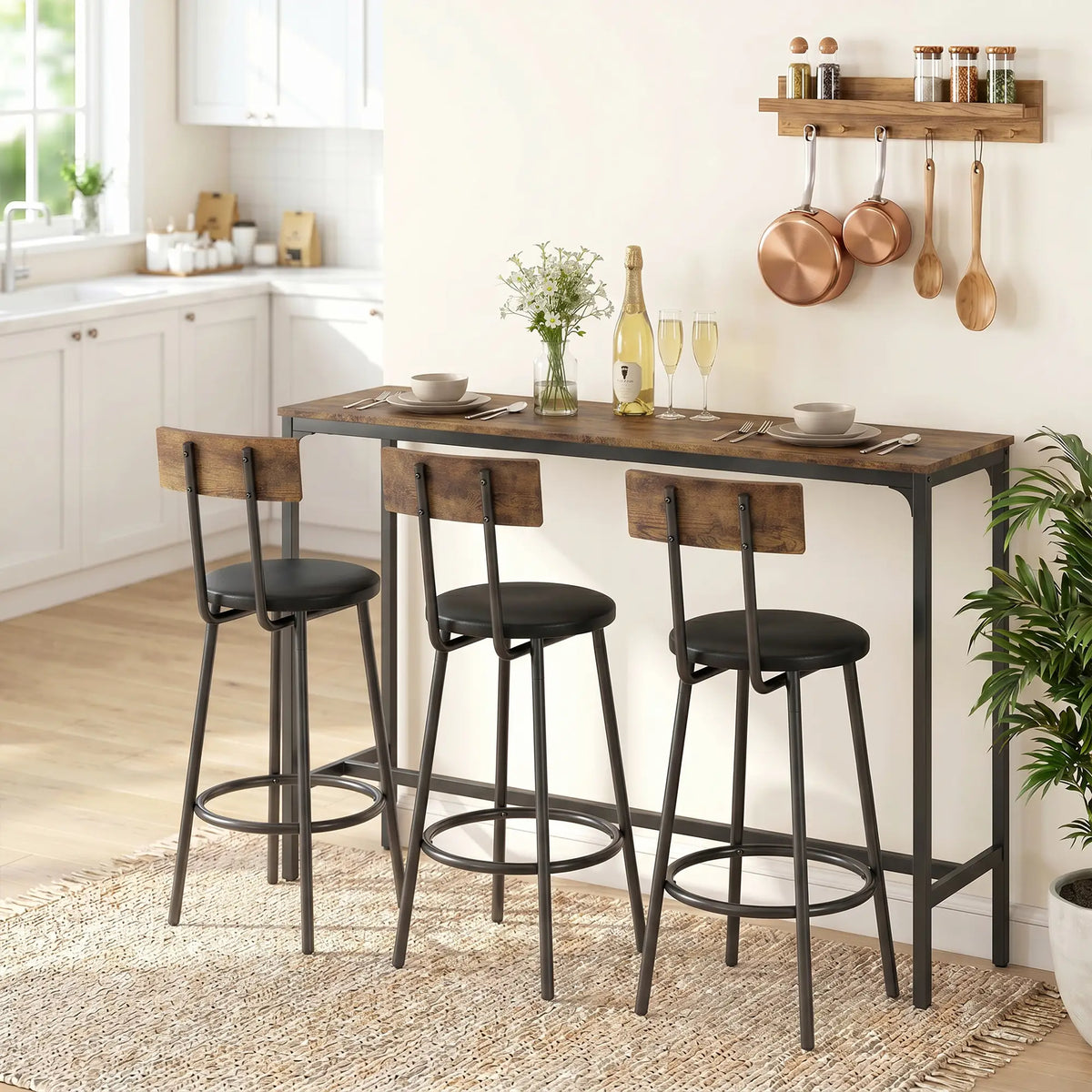 Bar Table Set, 4 PU Cushioned Barstools, Rustic Brown Bar Sets at Gallery Canada