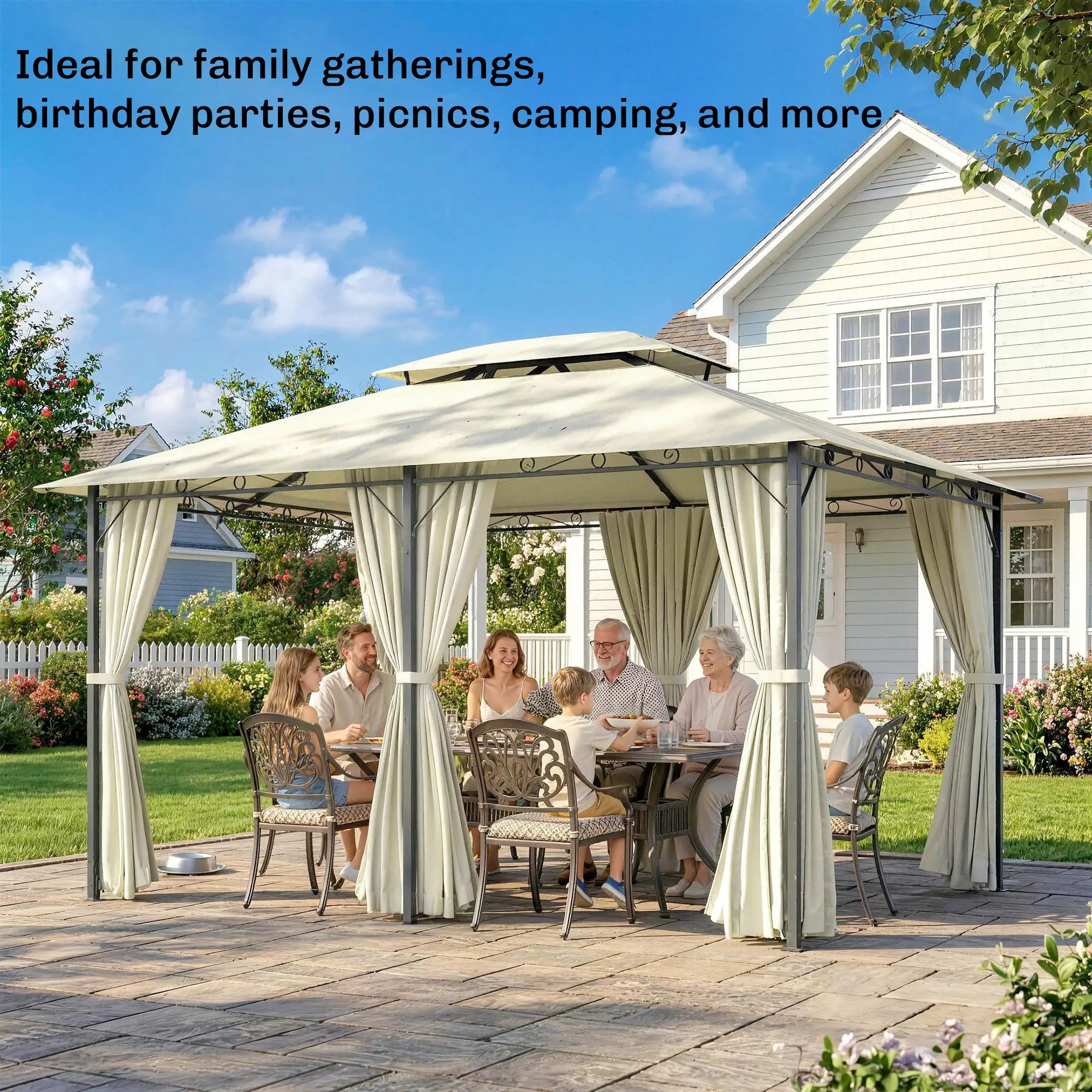 13' x 10' Soft-top Gazebo Patio Steel Canopy Portable Party Event with Double Canopy Roof, Curtains, Cream White Gazebos at Gallery Canada