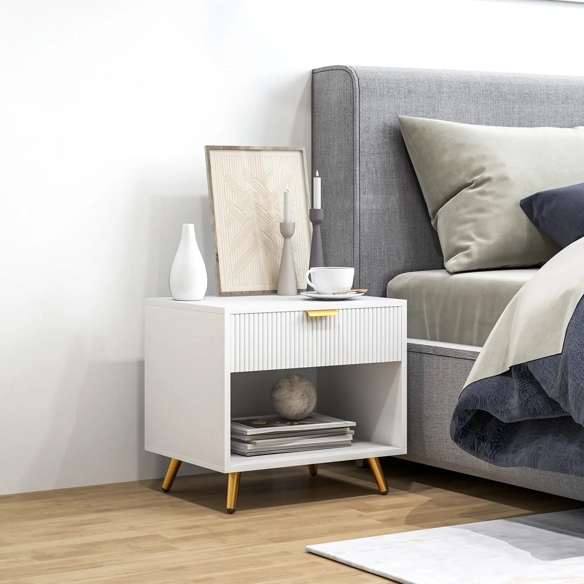 Modern Nightstand with Drawer, Open Compartment, White Bedside Tables at Gallery Canada
