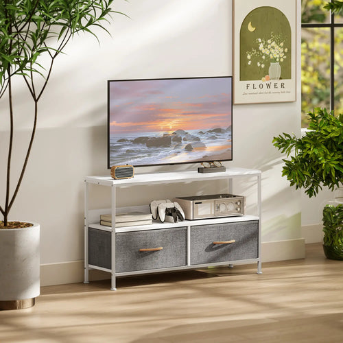 TV Stand with Charging Station, 2 Foldable Drawers, Open Shelf, 47 Inch, White
