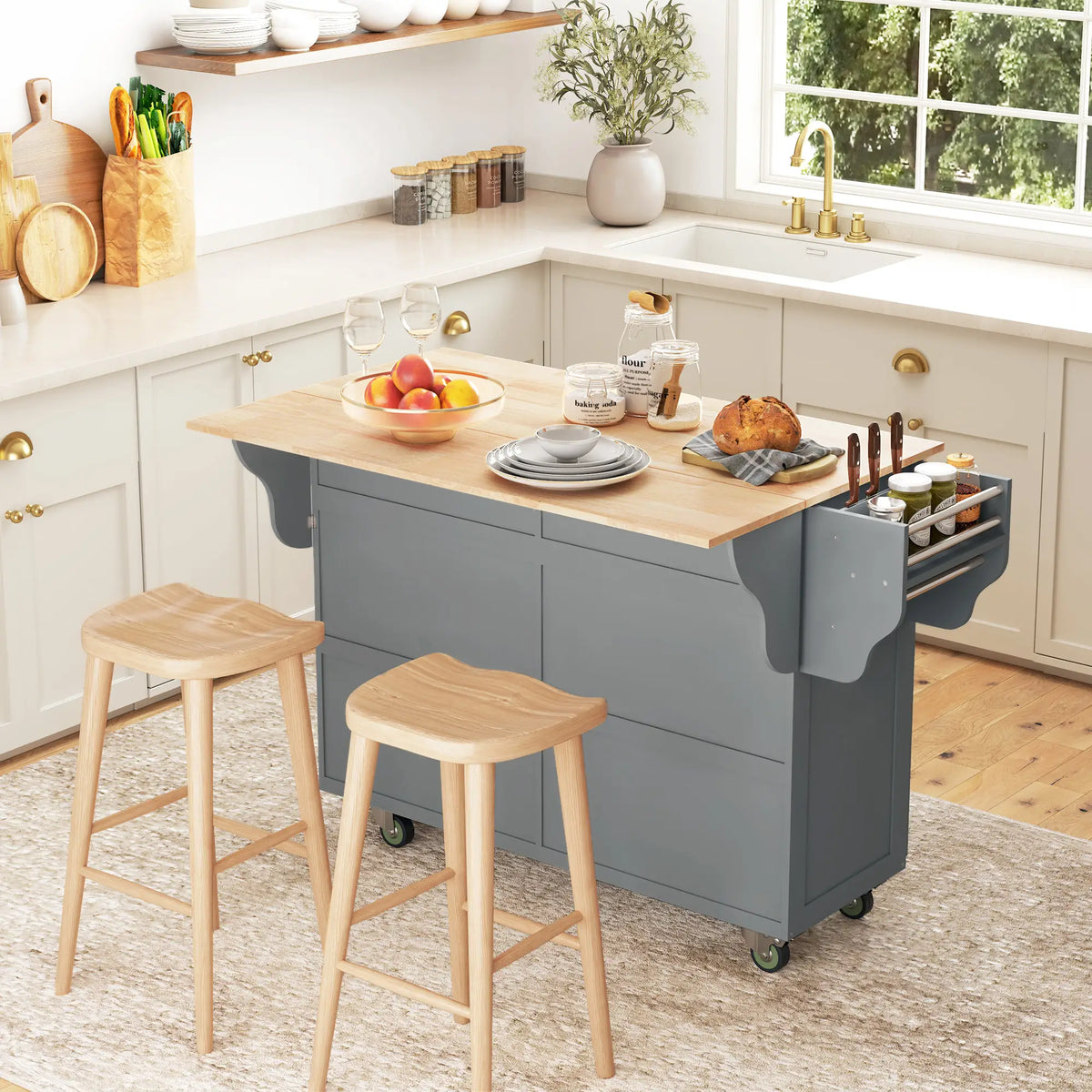 Kitchen Island with Storage, Drop Leaf, Rubber Wood Top, Adjustable Shelves, Grey Kitchen Islands & Kitchen Carts at Gallery Canada