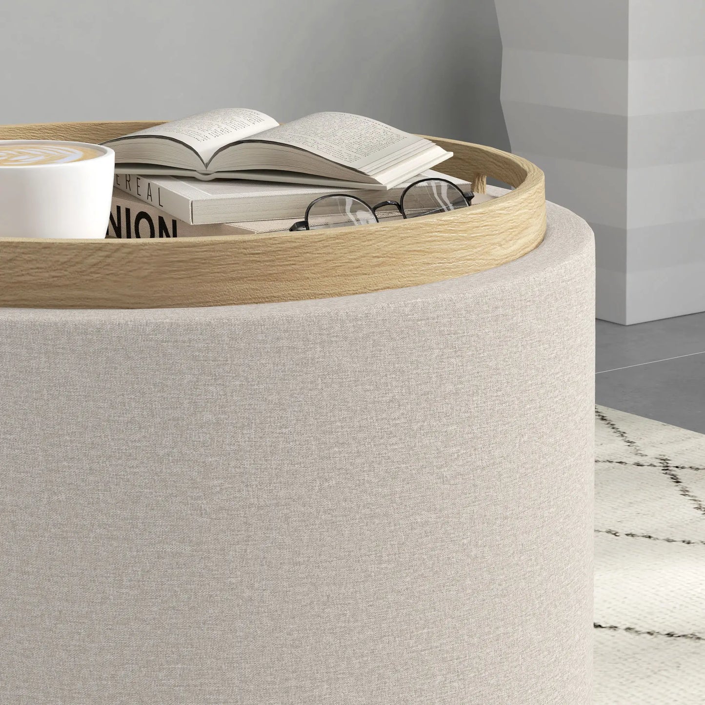 Round Coffee Table with Hidden Storage, Tray Top, Linen Footrest Coffee Tables at Gallery Canada