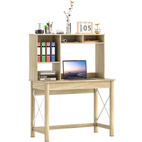 Computer Desk with Hutch, Home Office Study Table, Oak