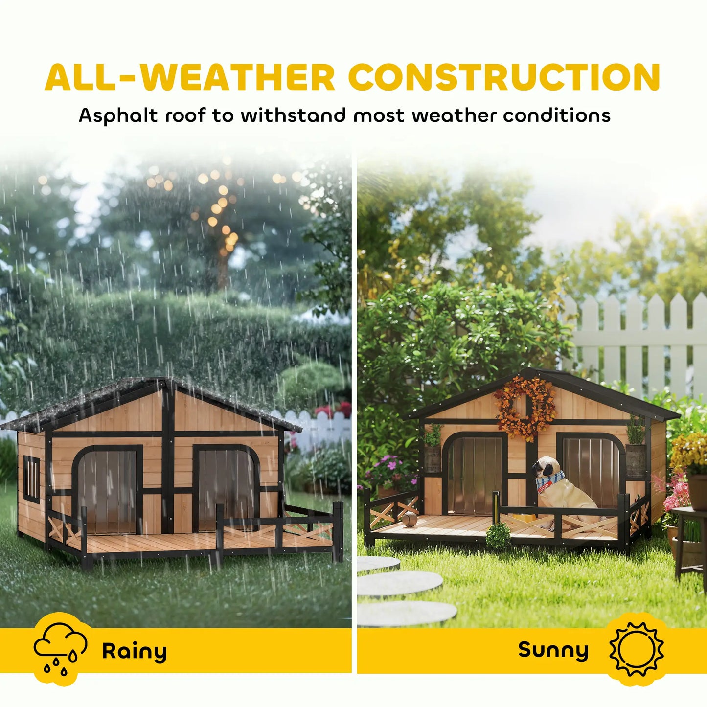 59"x64"x39" Wood Dog House, Outdoor Cabin-Style, Elevated Pet Shelter, Beige Houses, Kennels & Pens at Gallery Canada