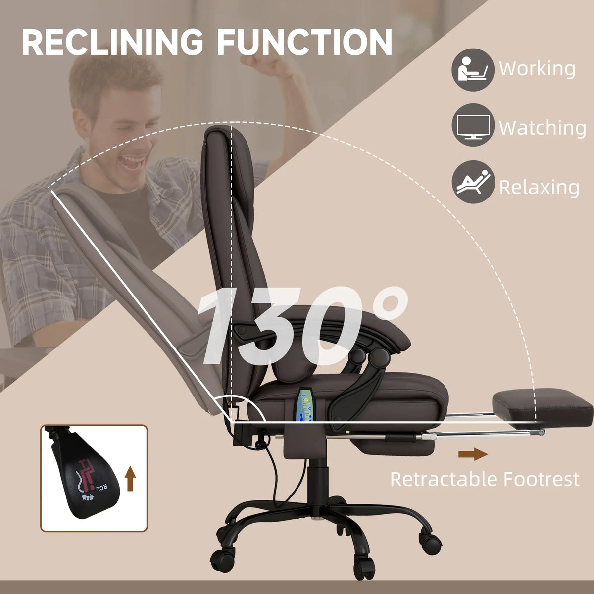 6-Point Vibration Massage Chair, Height Adjustable, Reclining, Brown Executive & Manager Chairs at Gallery Canada