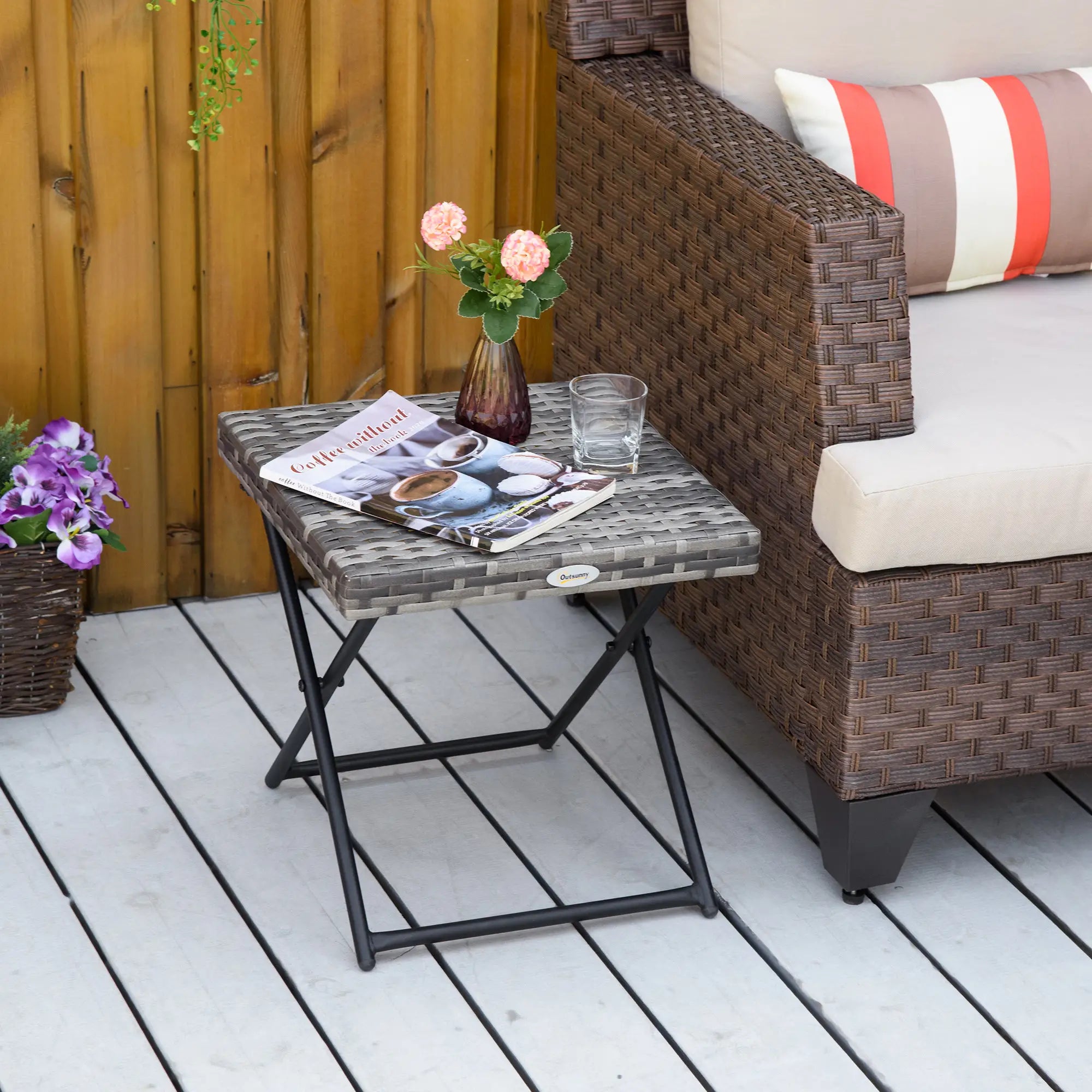Rattan Coffee Table, Folding Outdoor Side Table, 15.75