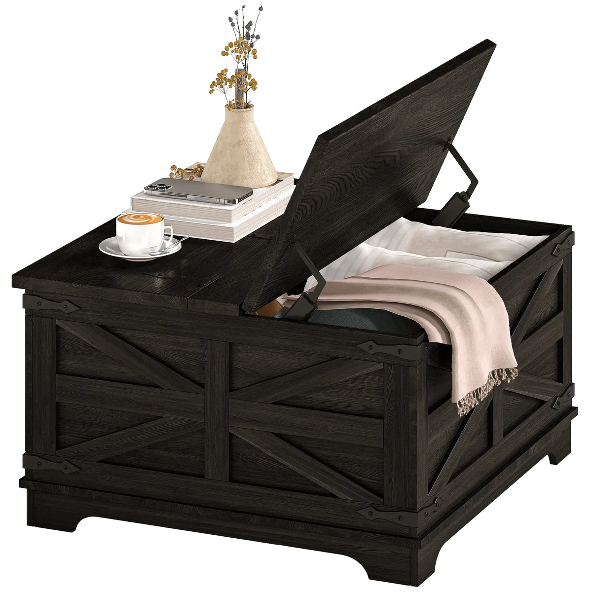 Farmhouse Coffee Table, Square Flip-Top Lid, Hidden Storage, Black Coffee Tables at Gallery Canada