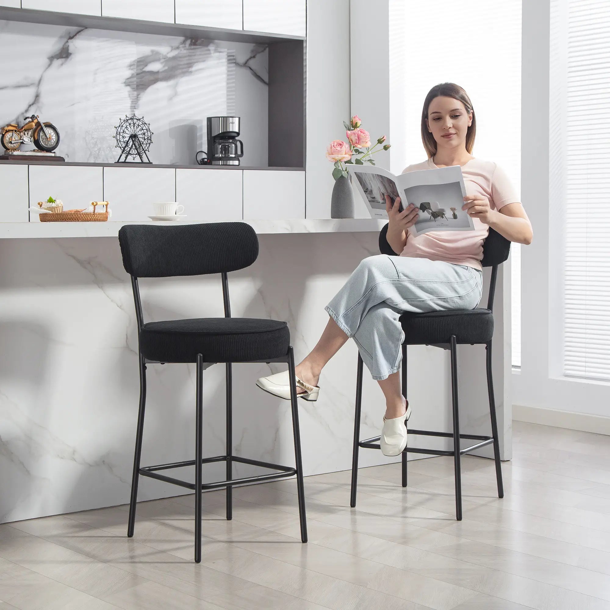 Set of 2 Barstools, Upholstered Corduroy, Backrest, Footrest, Black Bar Stools at Gallery Canada