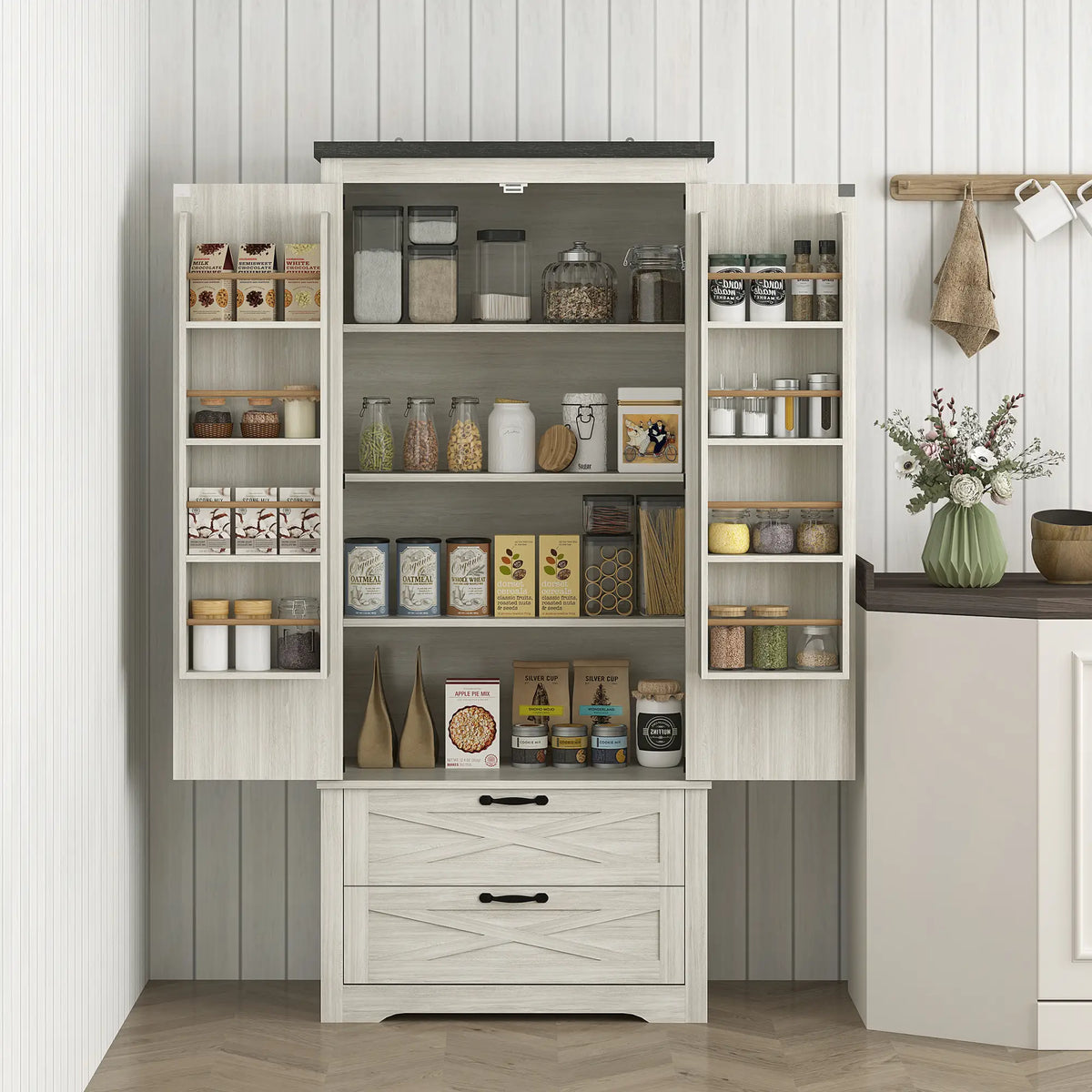 Farmhouse Kitchen Pantry, 64" Freestanding, Distressed, White Kitchen Pantry Cabinets at Gallery Canada