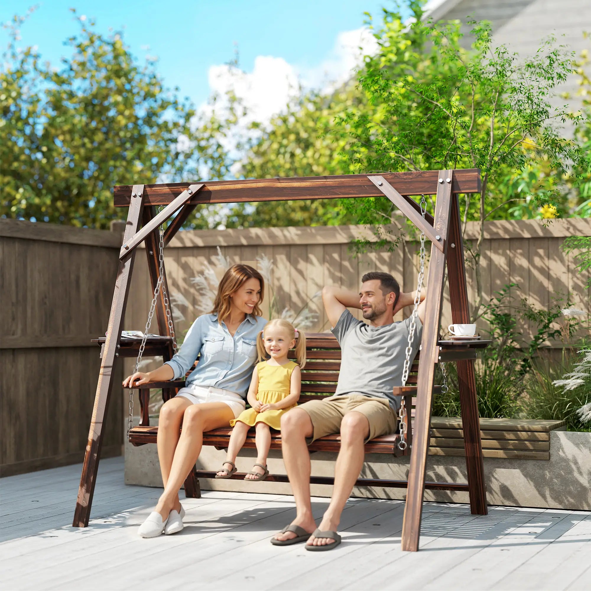 3 Seat Wooden Porch Swing With Stand, Carbonized Brown Patio Swings with Stand at Gallery Canada