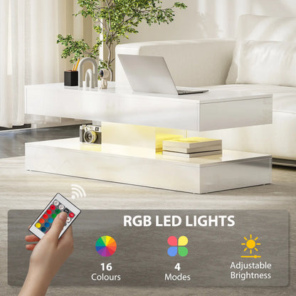 Adjustable LED Coffee Table, 2 Drawers, Open Shelf, Remote, High Gloss White, White Coffee Tables at Gallery Canada