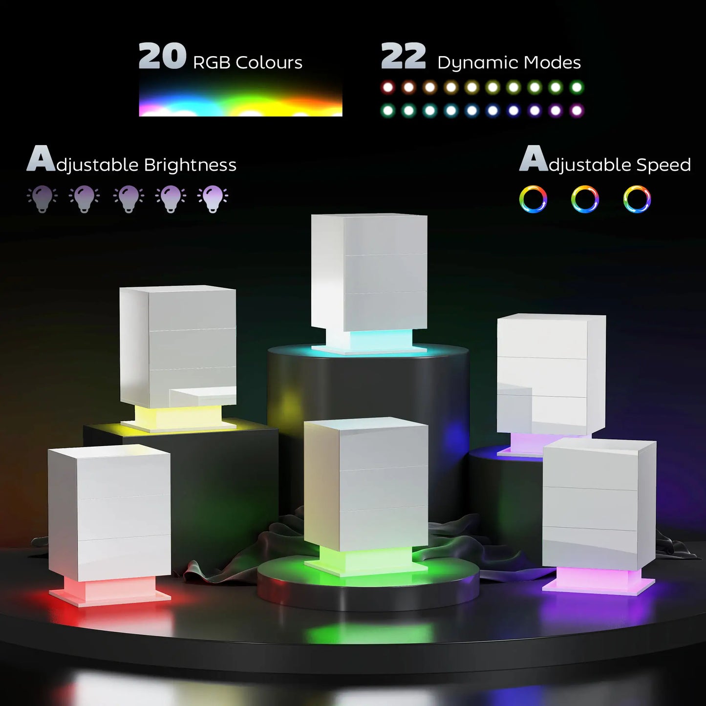 LED Nightstand with 3 Drawers, APP Control, White Bedside Tables at Gallery Canada
