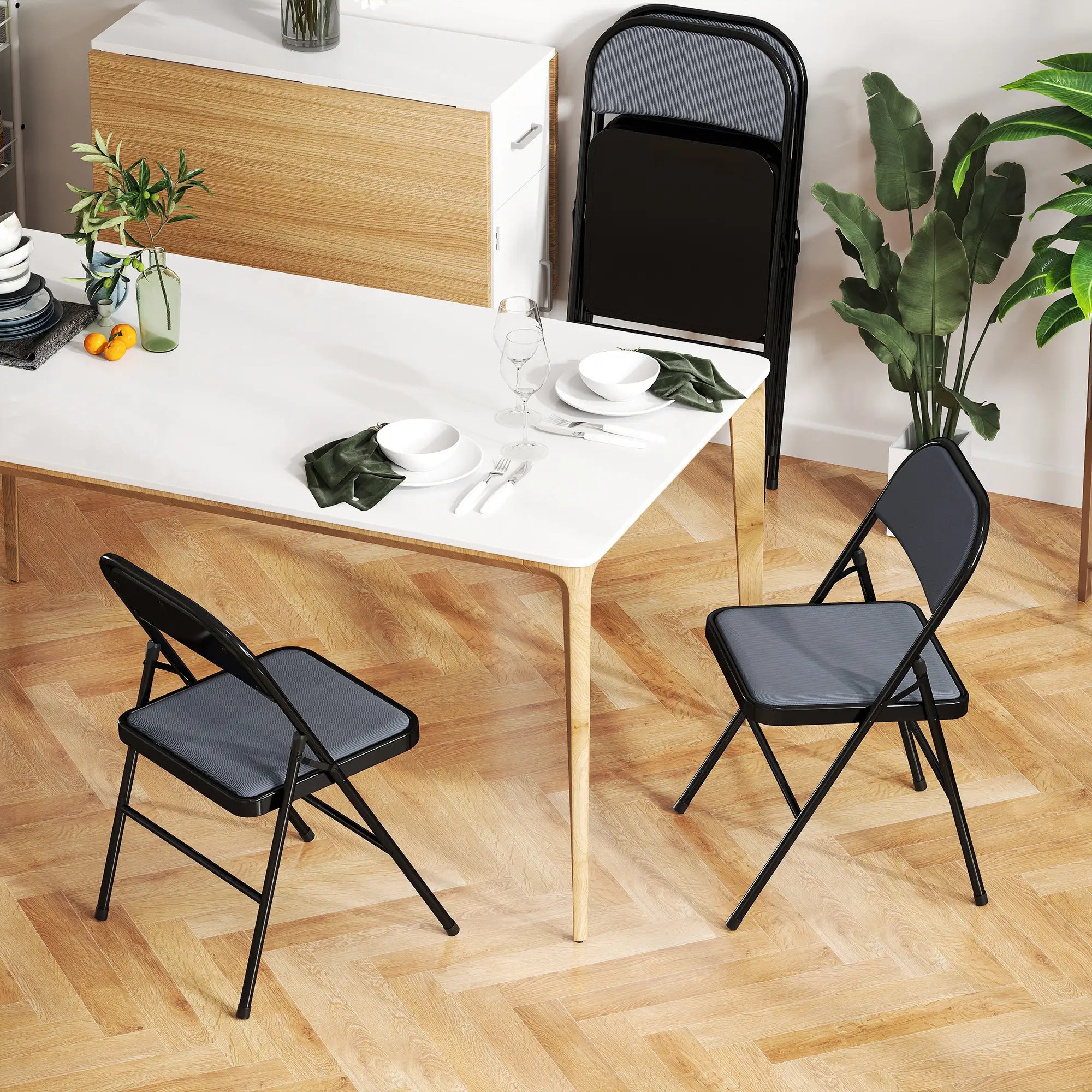 Set of 4 Metal Foldable Chairs, Corduroy Padded, Grey Dining Chairs at Gallery Canada
