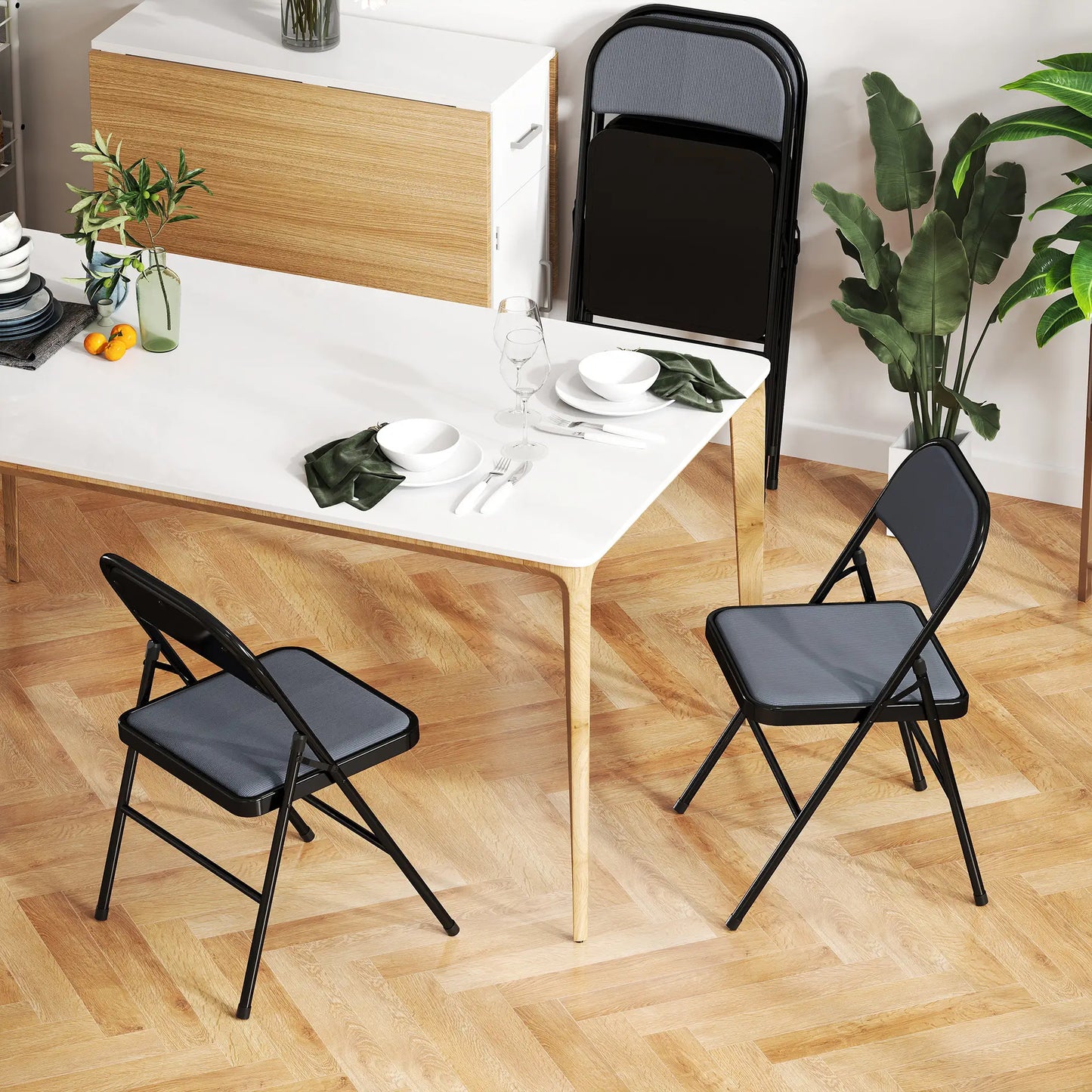 Set of 4 Metal Foldable Chairs, Corduroy Padded, Grey Dining Chairs at Gallery Canada