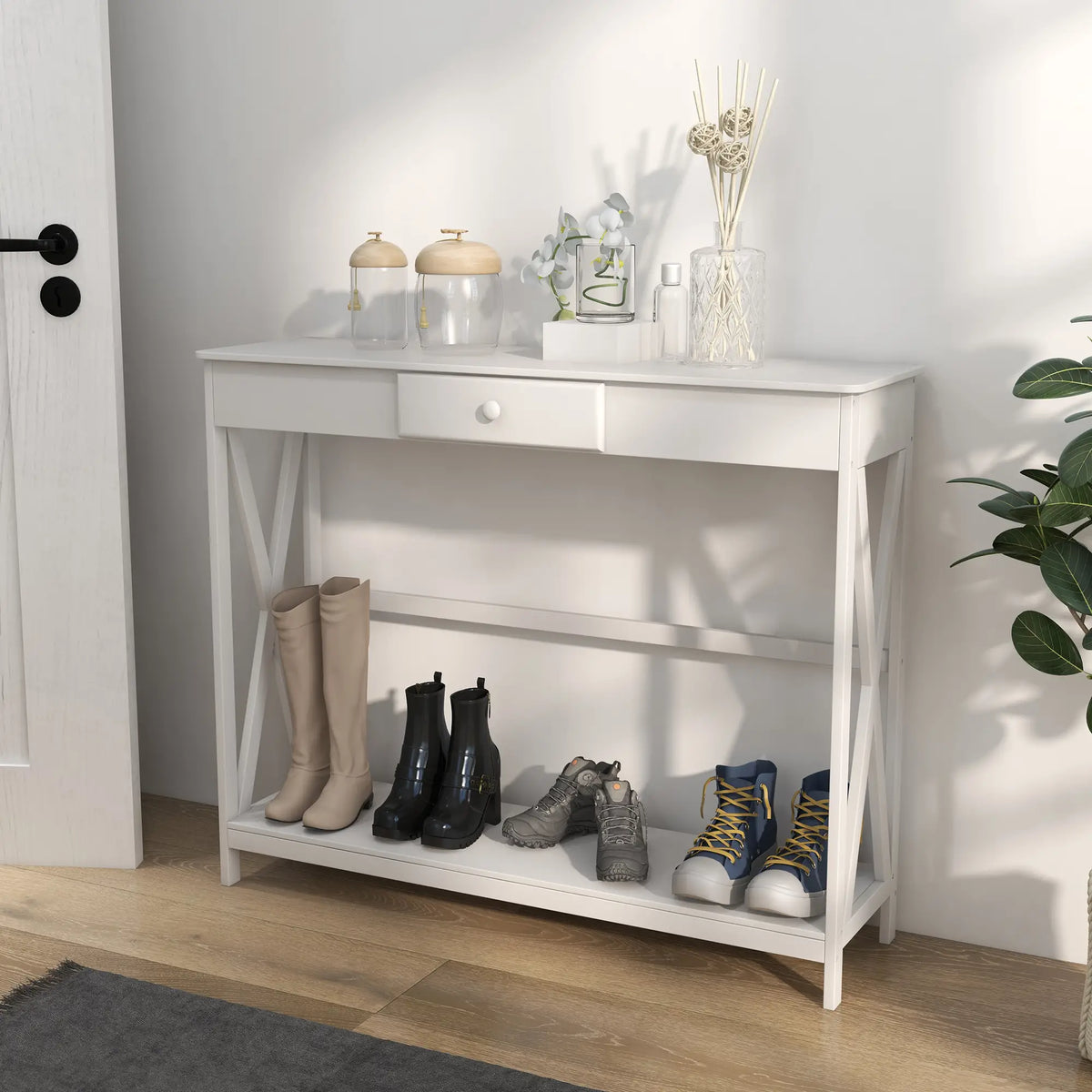 39" Console Table, 2 Tier X-Design, Narrow Entryway Table with Drawer, White Console Tables at Gallery Canada