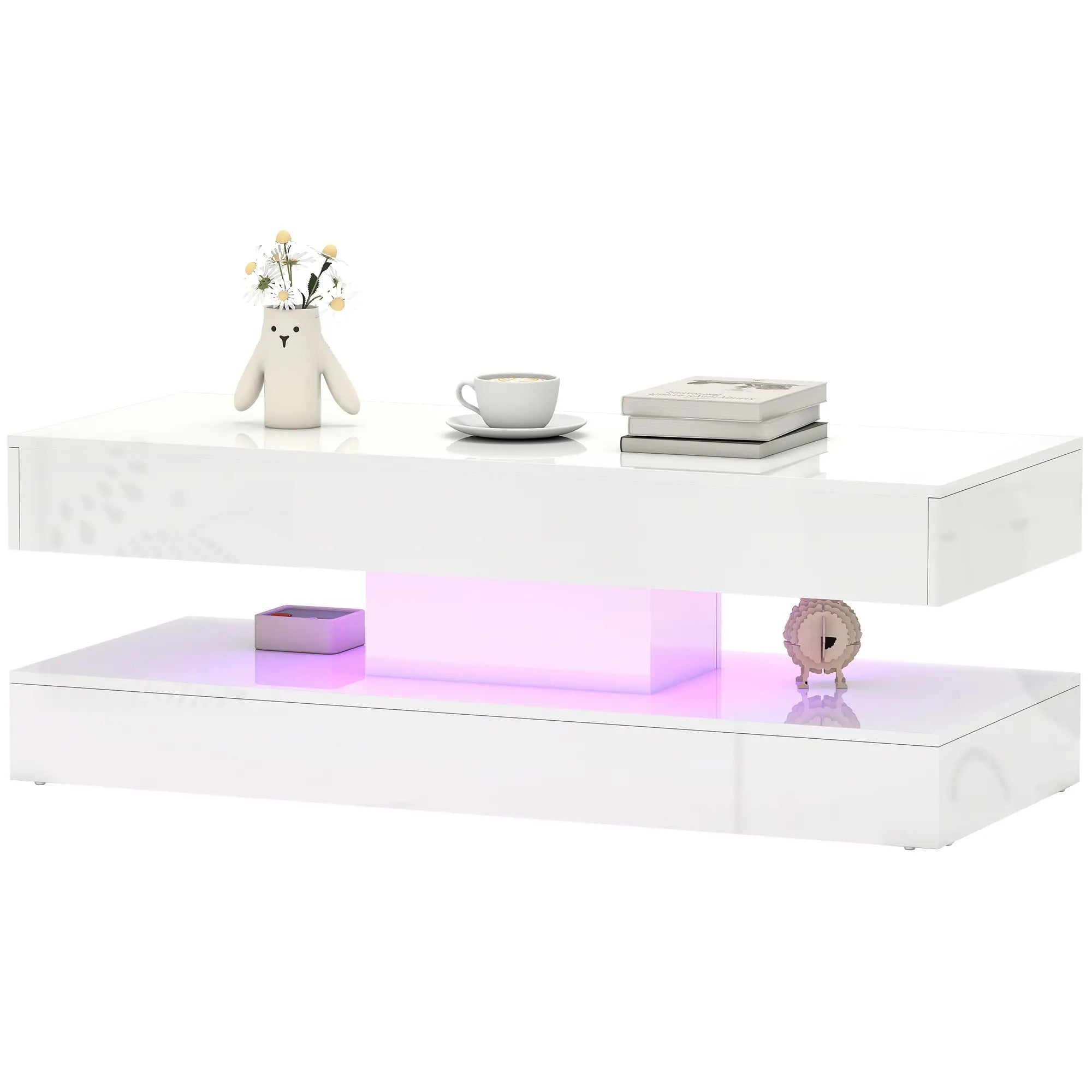 Adjustable LED Coffee Table, 2 Drawers, Open Shelf, Remote, High Gloss White, White Coffee Tables High Gloss White at Gallery Canada