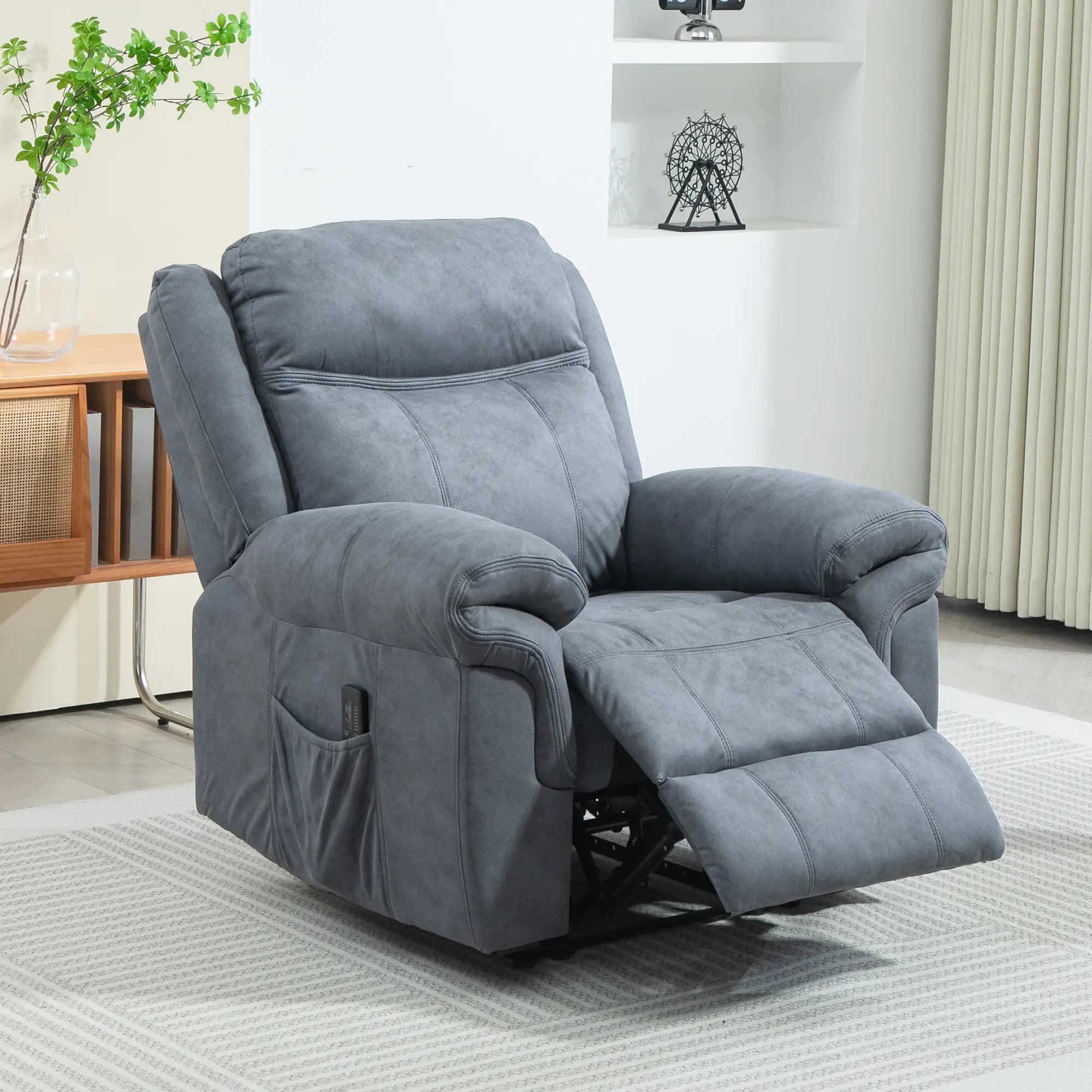 Manual Recliner Chair, Vibration Massage, Side Pockets, Microfibre, Blue-Grey Sofas & Reclining Chairs at Gallery Canada