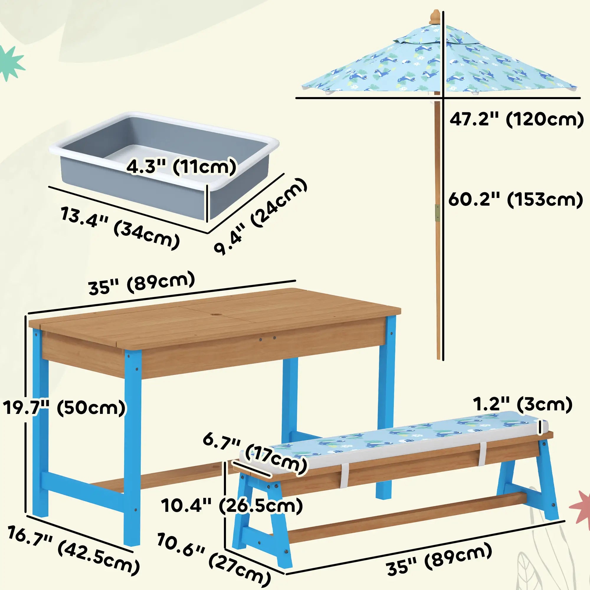 Kids Picnic Table Bench Set with Umbrella, Cushions, Boxes, Dinosaur Theme, Blue Kids Outdoor Furniture at Gallery Canada
