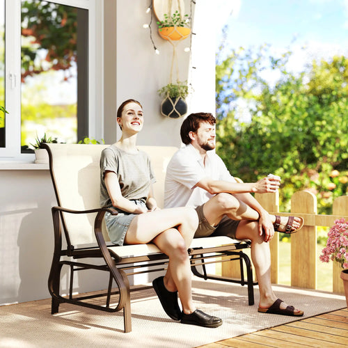 2-Person Outdoor Glider Chair, Mesh Seat, Steel Frame, Khaki