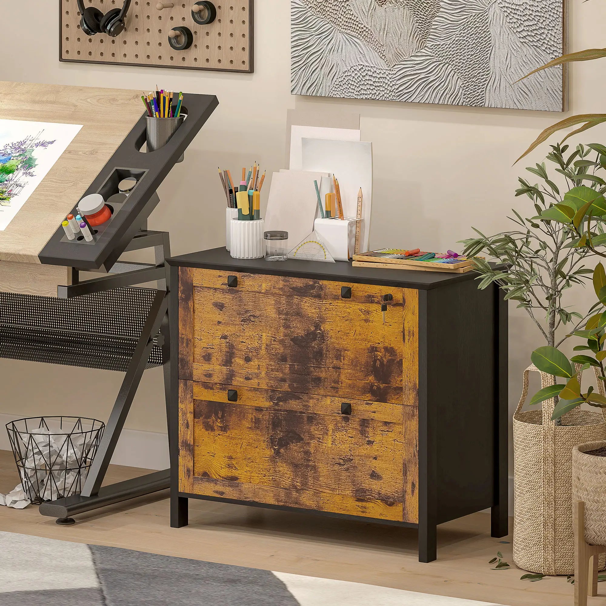 2 Drawer File Cabinet, Lockable, Adjustable Hanging Bar, Letter, A4 Size, Rustic Brown Office Cabinets & Cupboards at Gallery Canada