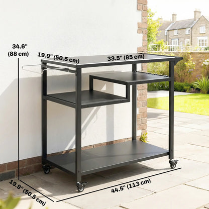 Outdoor Grill Cart, Three-Shelf Pizza Oven Stand With Hooks, Wheels, Black