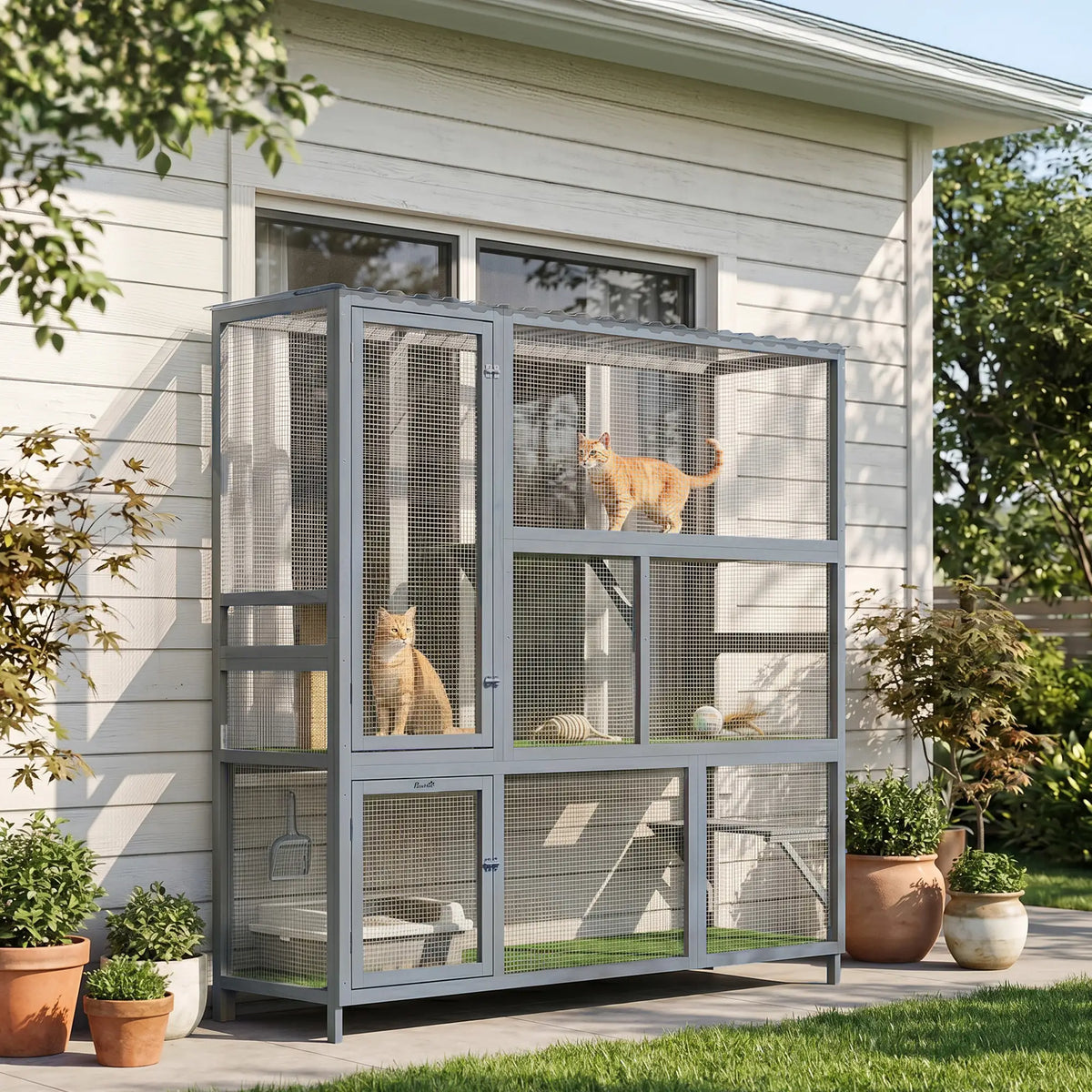 Wooden Catio, 77"H Cat House With Roof, Platforms, Scratching Post Outdoor Cat Enclosures at Gallery Canada