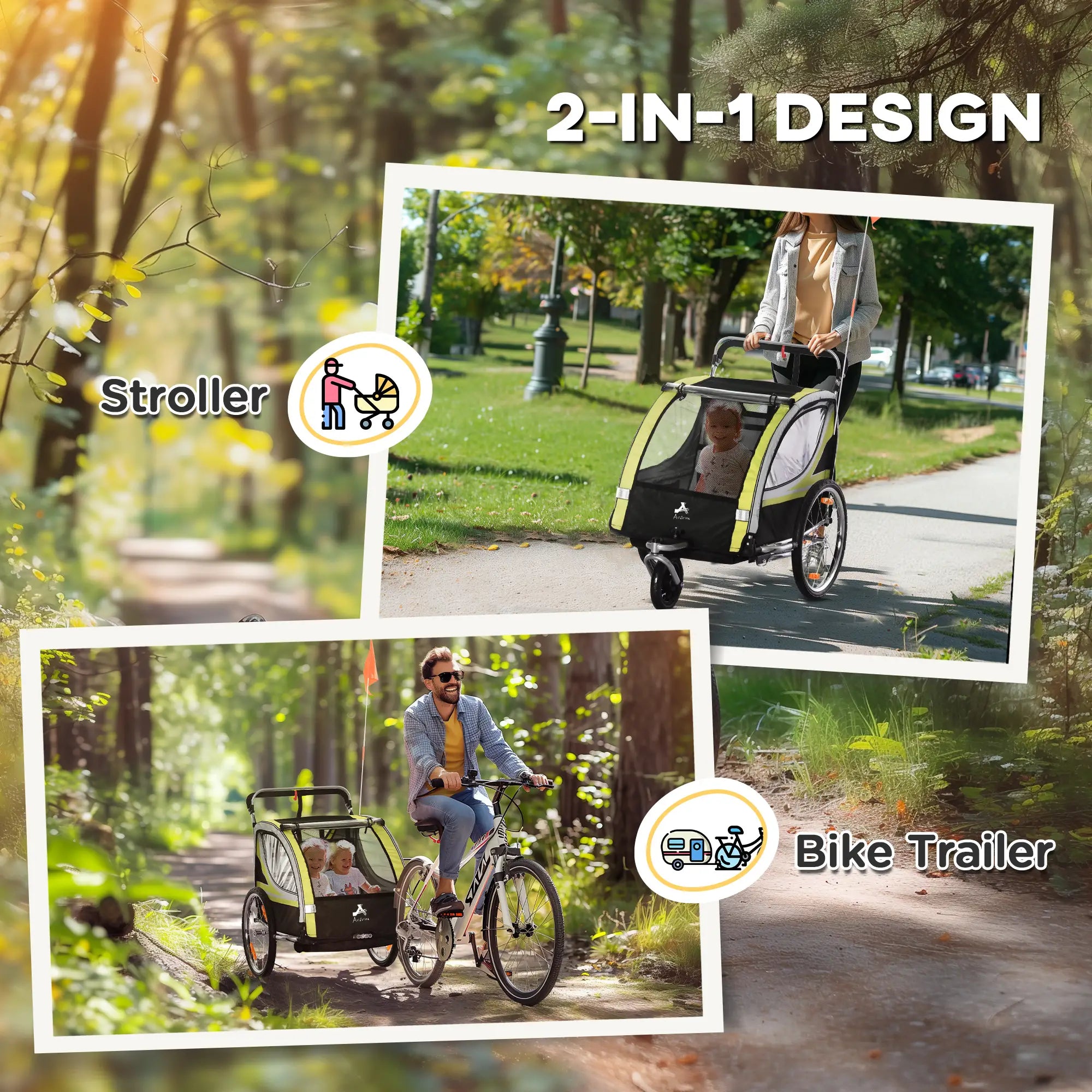 2 Seat Bike Trailer, Kids Jogging Stroller, Handbrake, Yellow Kids Bike Trailers at Gallery Canada