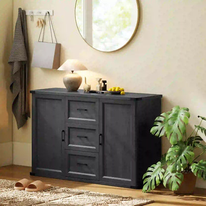 47" Sideboard With 3 Drawers, 2 Doors, Adjustable Shelves, Wood Grain, Black Storage Cabinets at Gallery Canada