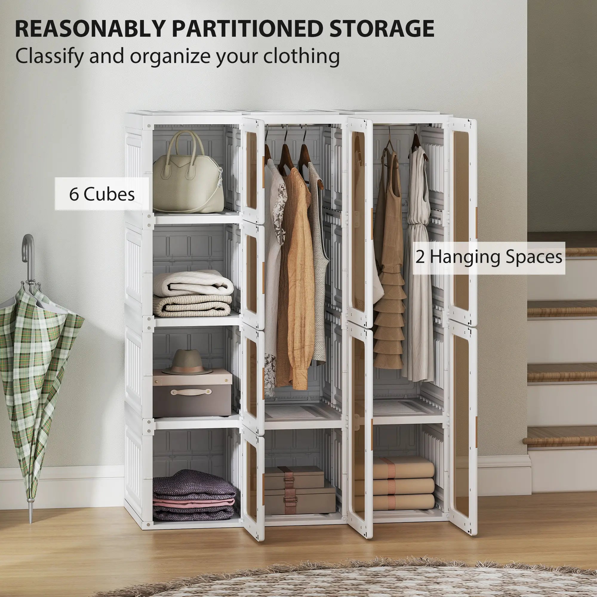 Portable Wardrobe, Foldable Plastic Closet, 8 Compartments, 2 Hanging Rods, Brown Clothing Storage at Gallery Canada