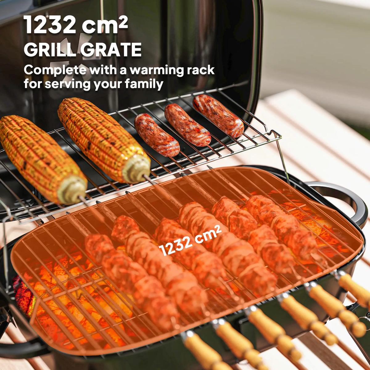 Foldable Charcoal BBQ Grill With Warming Rack, Adjustable Vent, Thermometer, Black