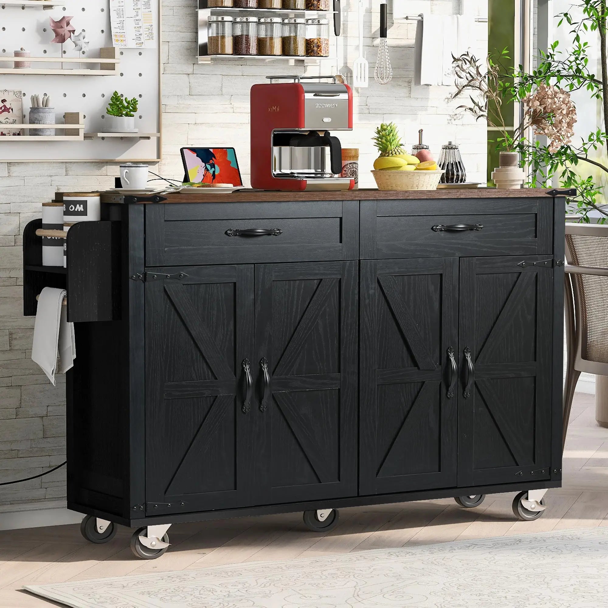Kitchen Island with Spice Rack, Storage Drawers, Power Outlet, 53.5